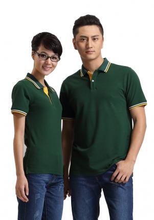 墨綠色珠地棉POLO衫款式，領袖間條撞色，男女時尚款定制