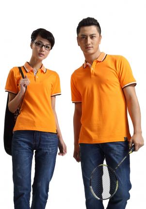 橙黃色珠地純棉POLO衫，領(lǐng)袖間條撞色，男女時尚款式定制